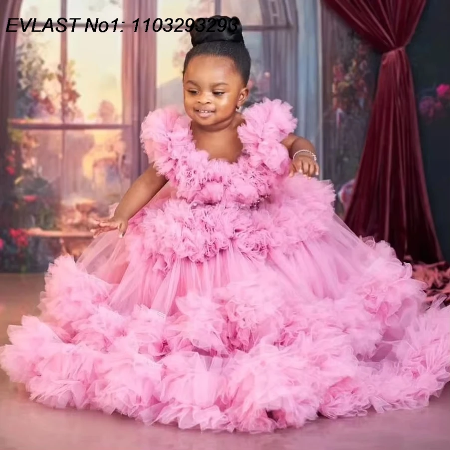EVLAS Customized Luxury Pearls Kids Birthday Party Dress Pink Ruffles Flower Girl Dress for Wedding Girls Photoshoot Gown TFD172