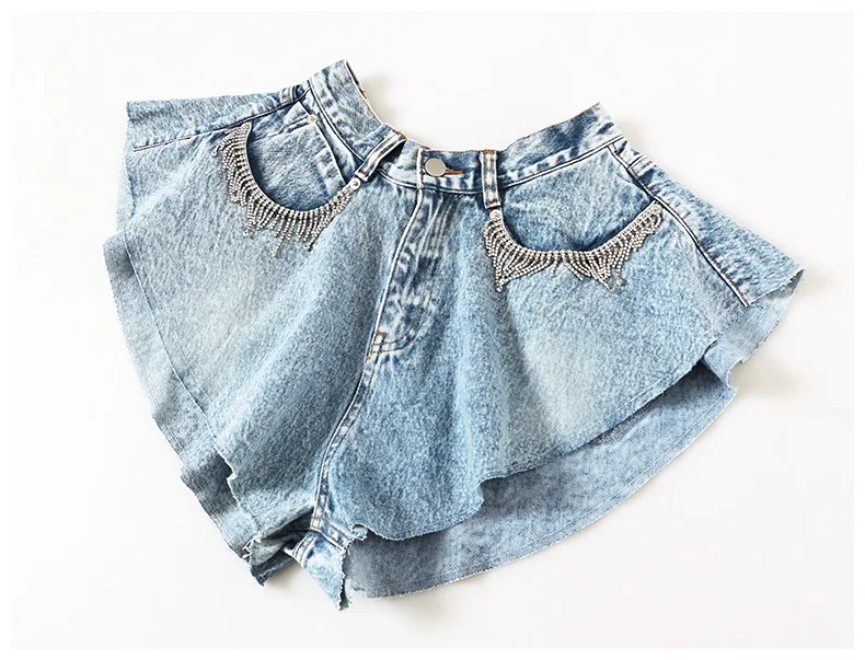 2024 Summer Holiday Casual Wide Leg Denim Shorts Diamonds Fashion Ruffles Shorts Women Pants Zipper Fly Streetwear Short Jeans