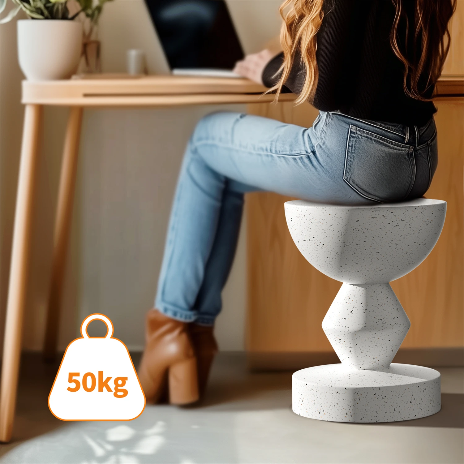 &Outdoor Concrete Side Table 43CM Tall Accent End Table Garden Stool for Living Room, and Patio