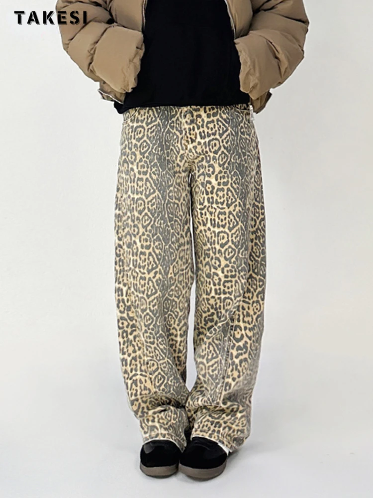 Imagem -02 - Jeans Y2k com Estampa de Leopardo Feminino Streetwear Retrô Americano Largo Largo Largo Perneiras Estilo Coreano 2024