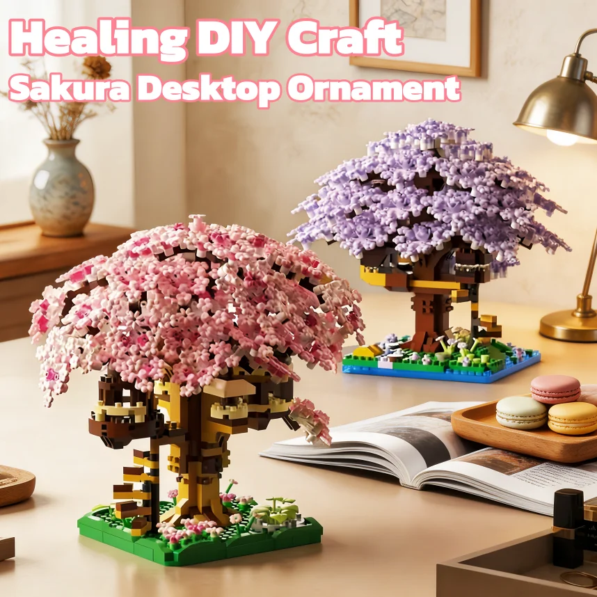 Pink & Purple Sakura Tree House Micro Building Blocks, High Difficulty Stress-Relief DIY Handmade Ornament for Adults