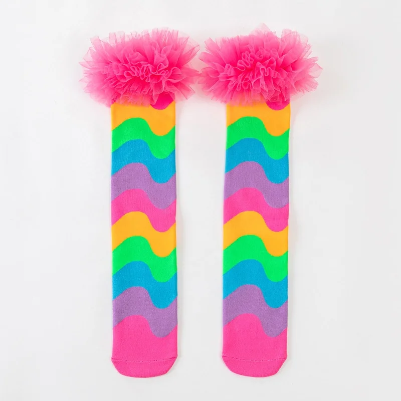 Autumn 3-12Y Kids Rainbow Wave Pattern Long Socks Tulle Lace Trim Over-the-Calf Socks Party Cosplay Baby Girls Stockings image 3
