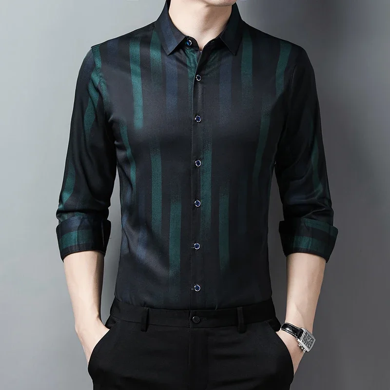 New Men\'s Casual Printed Long Sleeved Lapel Shirt for Spring and Autumn Fashion Comfortable Wrinkle Free Top Without Ironing