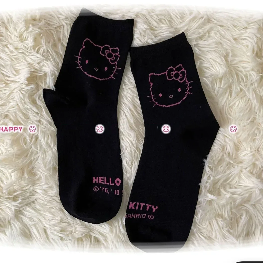 Hello Kitty Socks for Girls Medium Socks Kawaii Sanrio Hello Kitty Accessories Socks Rosered Black White Sock Women Female