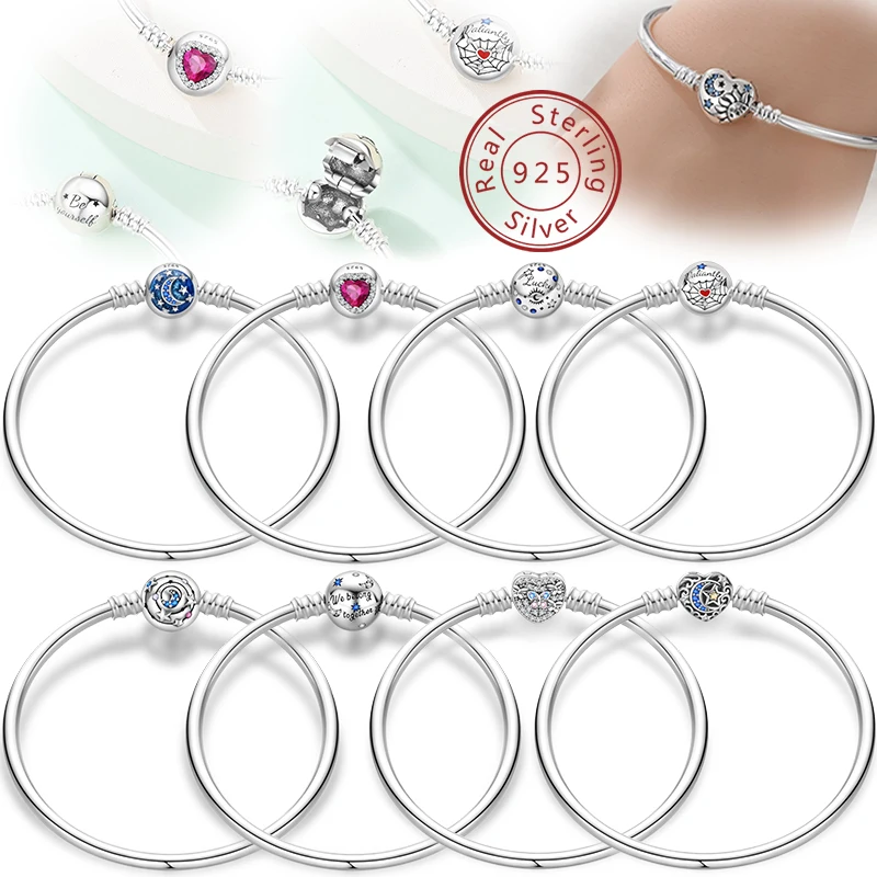 Real 925 Silver Hard Bracelet Size 17-20 Star Heart Spider Web Romantic For Women Fit For Weddings&Engagements Luxury Jewelry