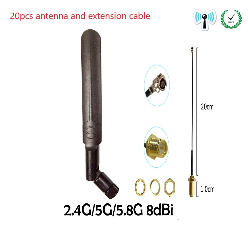 20 stücke 2,4 GHz 5,8 GHz Dualband-Antenne 8dBi RP-SMA Anschluss WLAN-Router Antenne SMA-Stecker auf Ipex4 1 mhf4 Koaxial-Verlängerung kabel