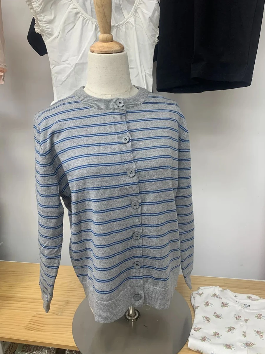 

Blue Striped Sweater Cardigan Women Crew Neck Single Breasted Long Sleeve Jumpers Sweet Vintage Casual Fashion Knitted Outerwear