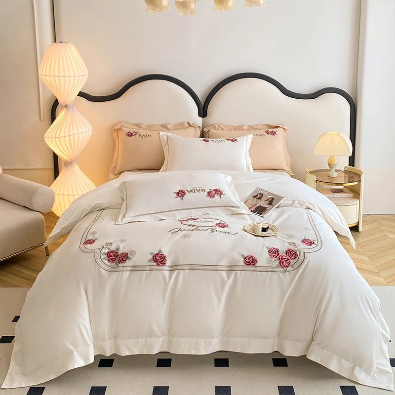 

Red Rose Flowers Embroidery Bedding Sets Luxury White 100% Cotton Quilt/Duvet Cover Bed Sheet Pillowcases Home Textile