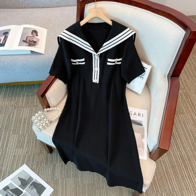 Stripe Knitted Dresses For Women Spring Summer Female Navy Collar Short Sleeve Large Size Elegant Mid-length Black Pink Vestido
