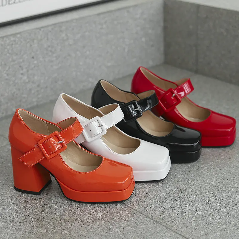 Size 33-48 Patent Shiny PU Leather Lady Office Pumps Wide Buckle Strap Platform Mary Janes Shoes Spring Fall Block Chunky Heels