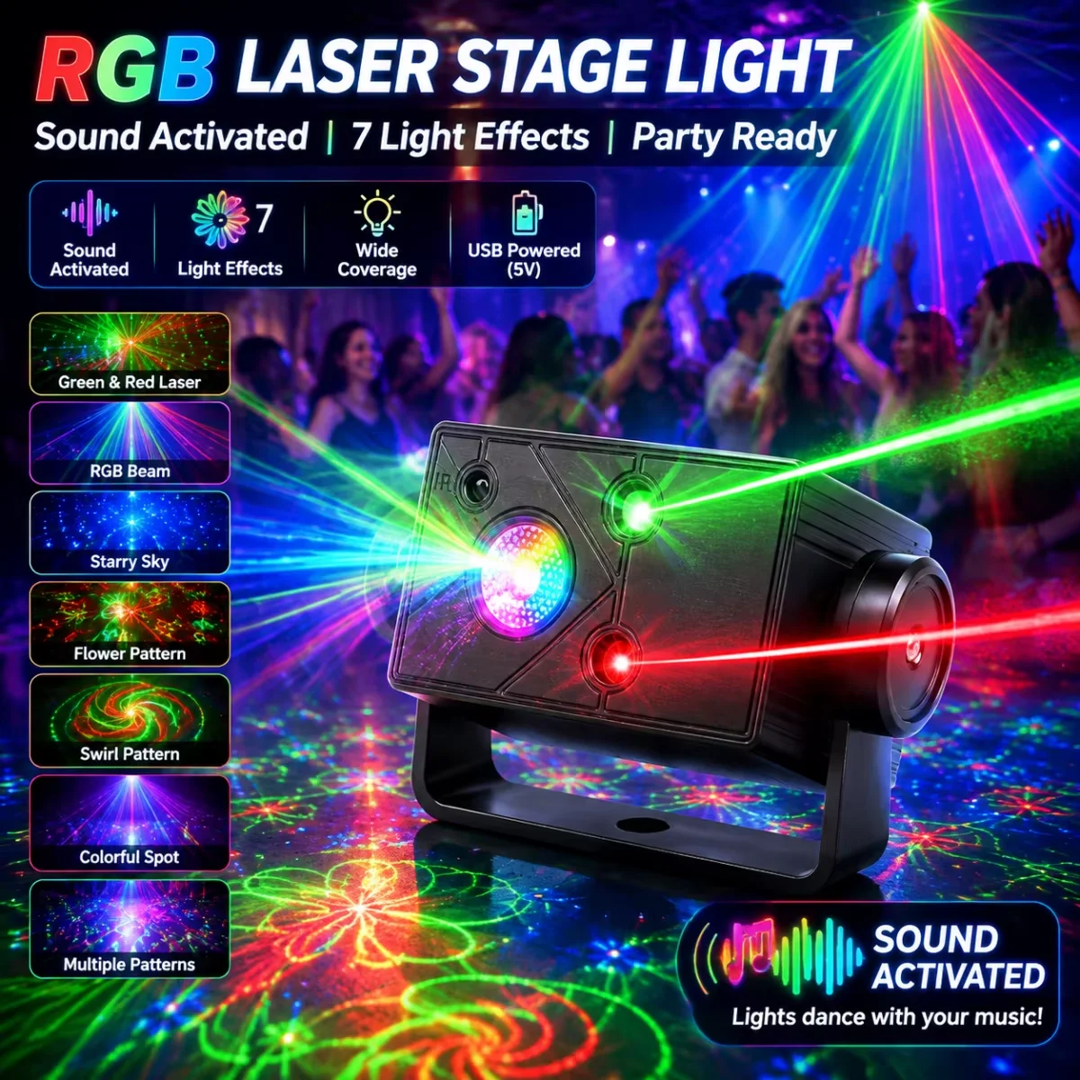 RGB Laser Stage Light Type‑C USB Powered Sound Activated Party Lamp Multiple Pattern Projector Light for Home Bar Club Disco DJ