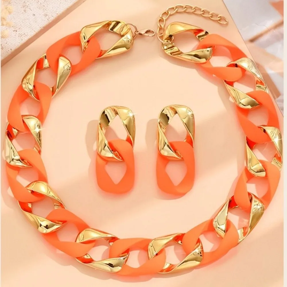 Fashion Fluorescent Color Jewelry Set Chunky Matte And Earrings Resin Acrylic Splicing Statement Party Accessories