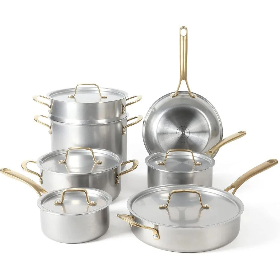 

Vintage 18 8 Triply Stainless Steel 12 Piece Cookware Set w Gold Handles