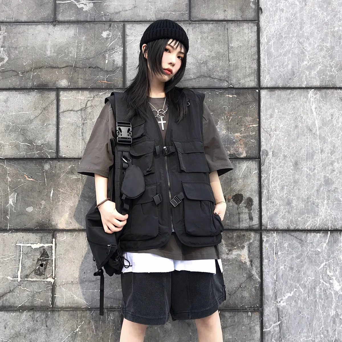 Tactical Vest Multi-Pocket Hip Hop Shoulder Pad Jacket Men's Women's Thin Trendy Summer Zipper V-Neck Casual Loose Fit
