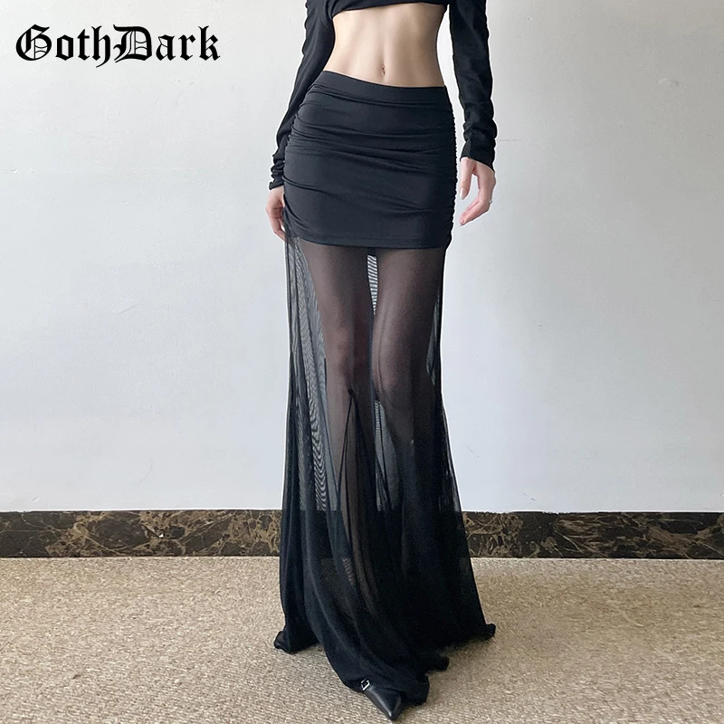 

Goth Dark Black Mesh Patchwork Long Skirts Women Elegant Fashion Pleated Package Hip Skirt Mall Gothic Bottoms Trim Partywear