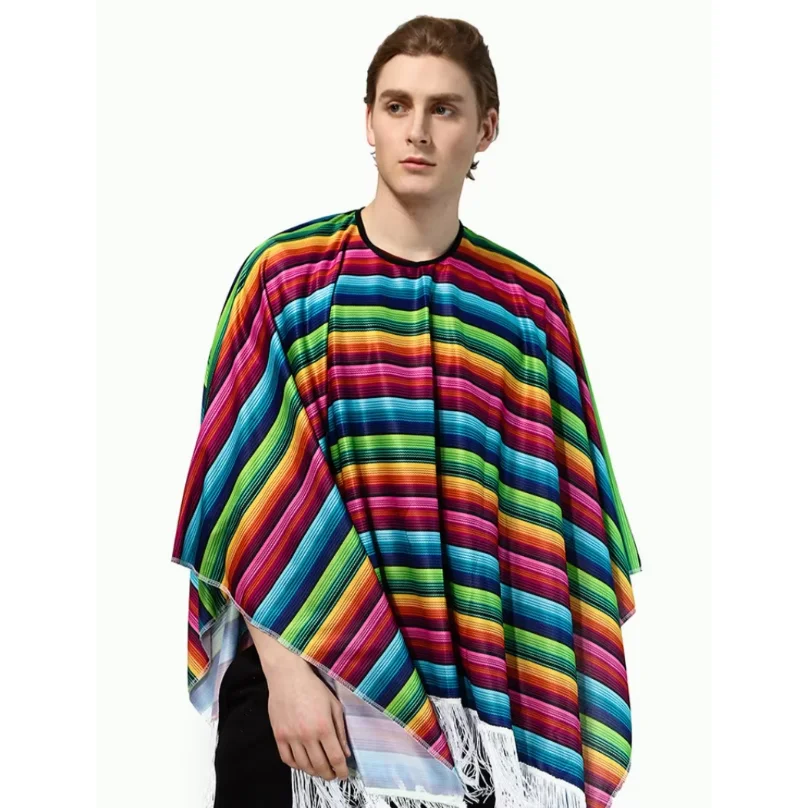 Capa poncho mexicana retro, chal para hombres y mujeres, disfraz, capa para cosplay, fiesta, festival, capa étnica a rayas, colorida, holgada, para adultos y niños.
