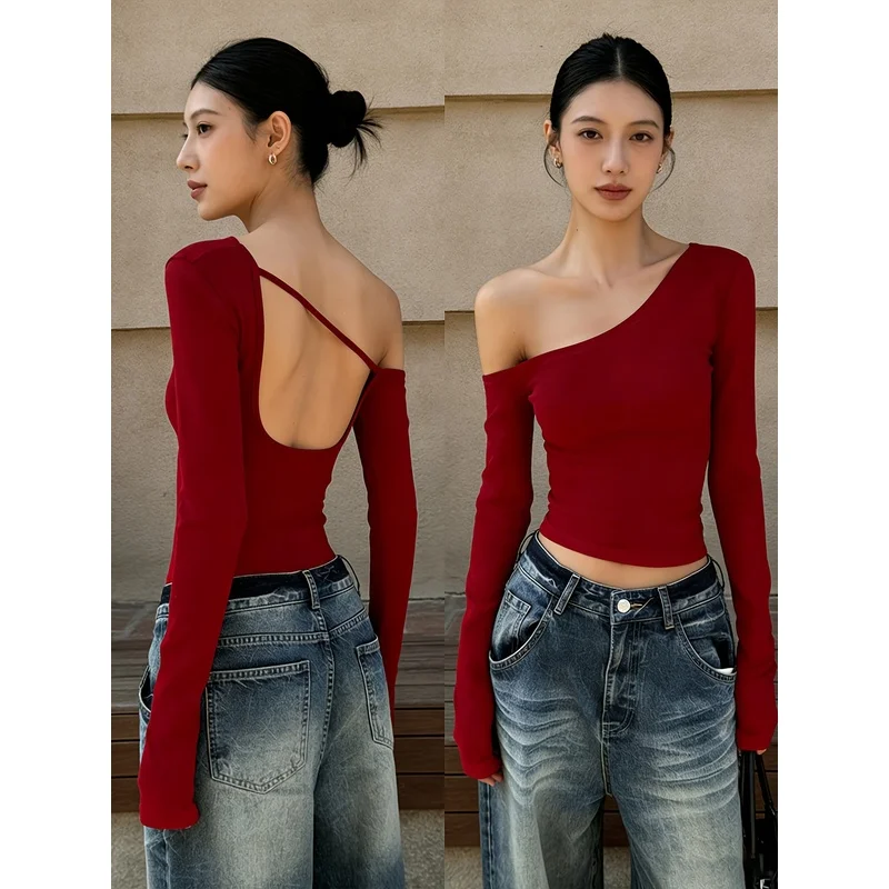 Vintage Red Off-Shoulder Women'S Fashion Street Long Sleeve Backless-Shirt Top Only