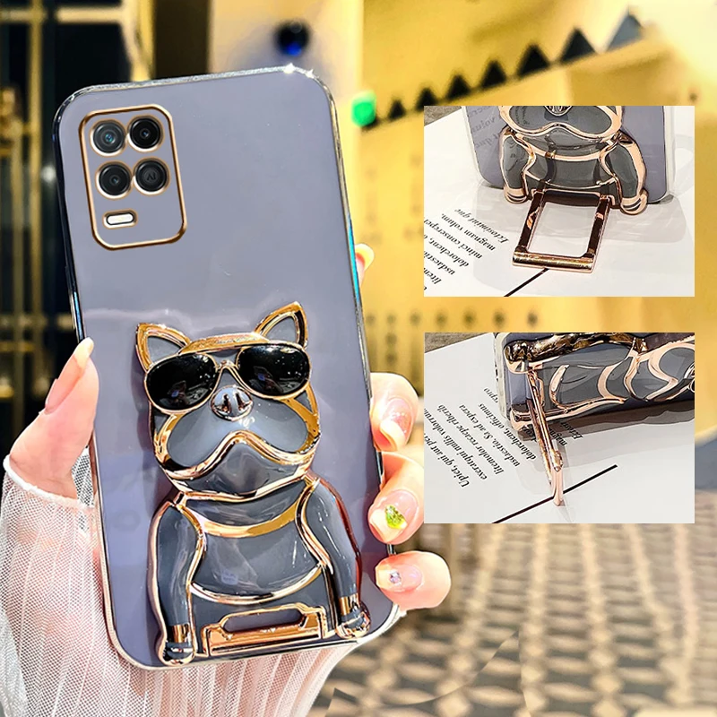 Plating French Bulldog Support Case for Samsung Galaxy S23 S22 Ultra S21 S20 FE S10 S9 S8 Note 20 9 8 Plus 10 Lite Soft Cover