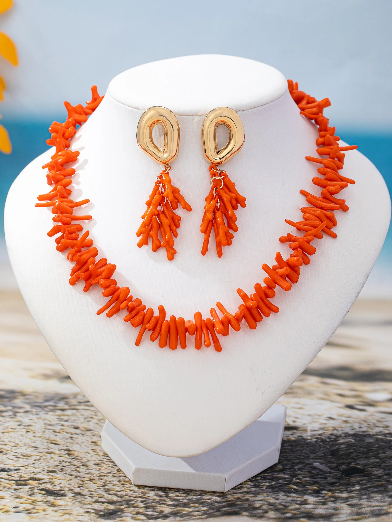 Vintage Bohemian Künstliches Korallenzweig-Schmuckset Unregelmäßige Korallenperlen-Halskette Lange Quasten-Ohrringe Damen Sommer Strand Urlaub Accessoires – Detail 8