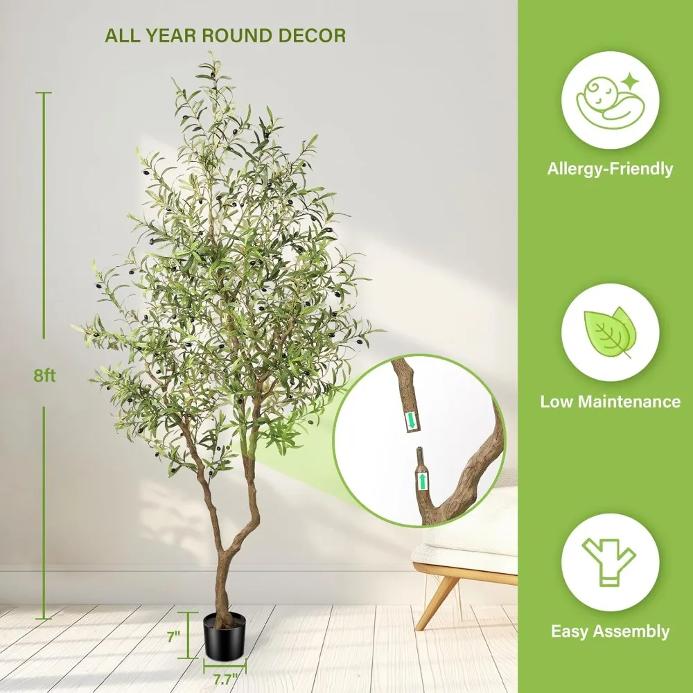

8-Foot Artificial Olive Tree - Large Realistic Artificial Olive Tree 8-Foot (96) Indoor Fake Plant with Realistic Trunk