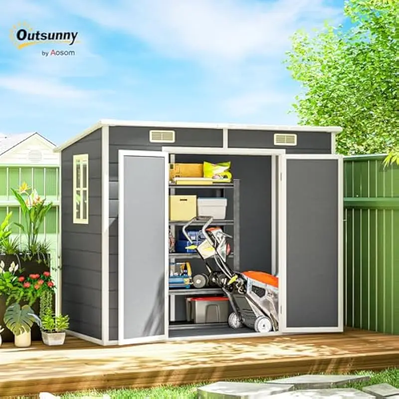 8 ft x 4 ft weatherproof outdoor storage unit with integrated floor base, translucent window panel, adjustable roof vent, dual l