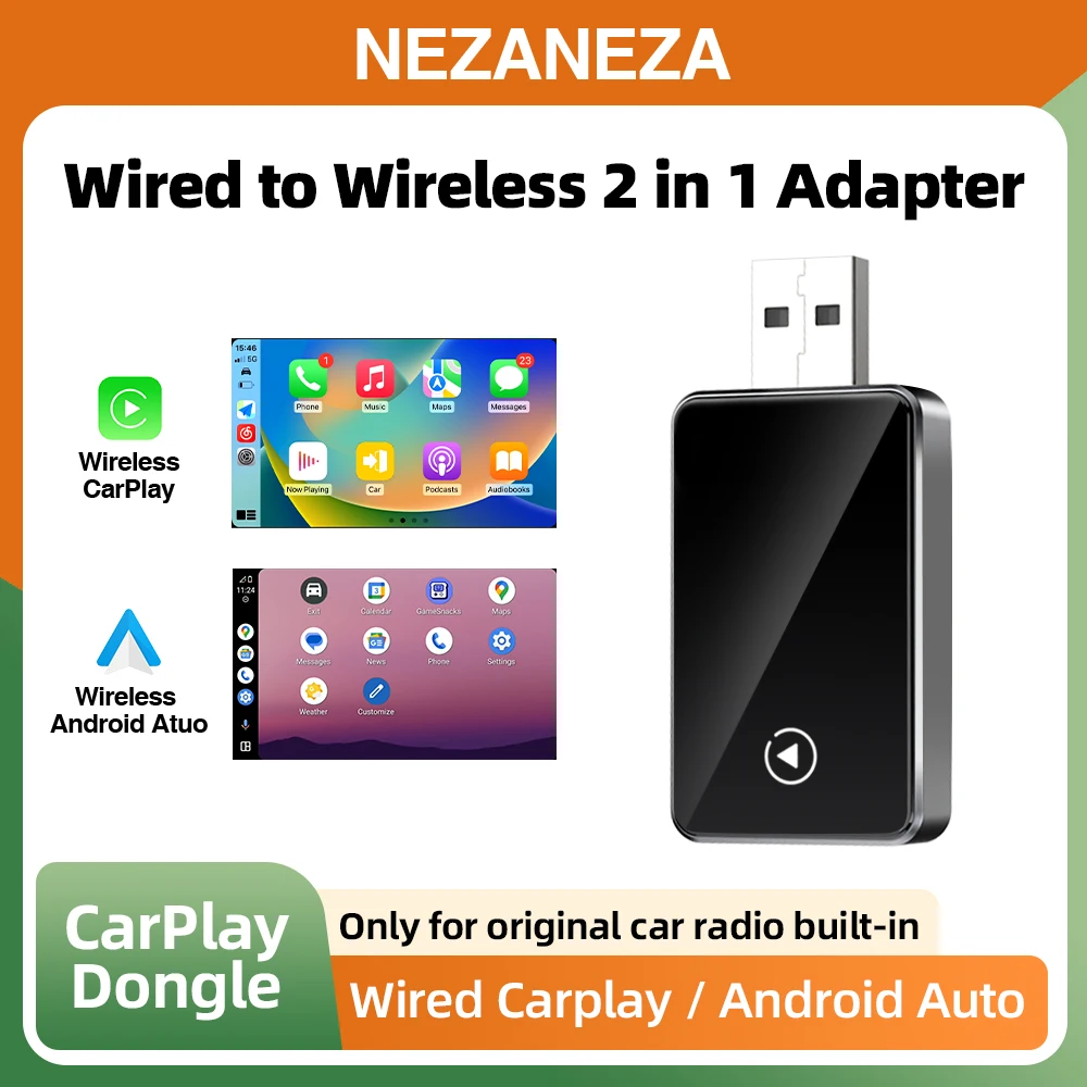 2IN1 سلكي صغير إلى CarPlay لاسلكي Android Auto Dongle محول ذكي عالمي لفولكس واجن فولفو تويوتا نيسان بنز أودي #1