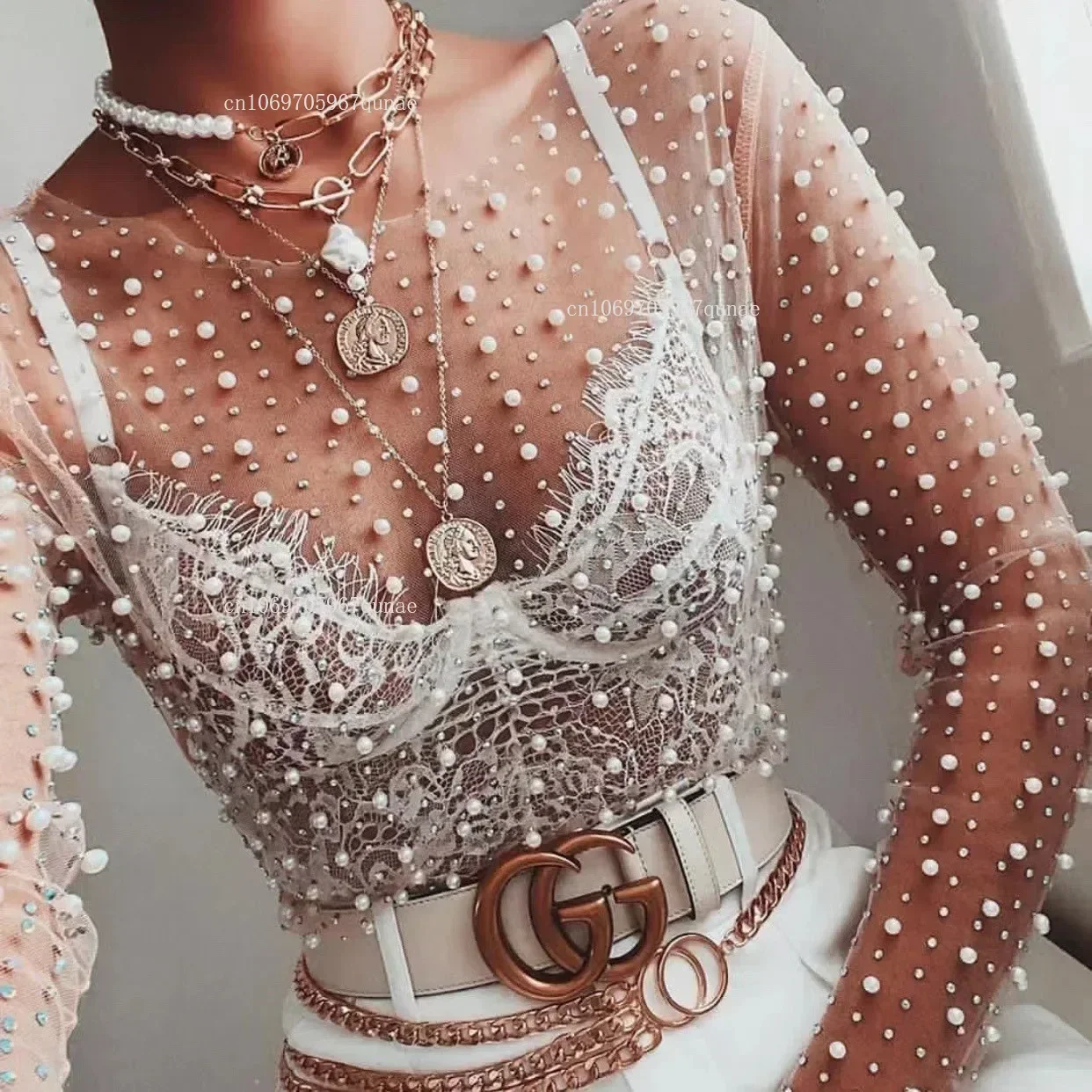 Women's Hot Diamond Bead Clear Perspective Mesh Top Summer Sexy See Through Female Long Sleeve T-shirts O-Neck Club Party Tops