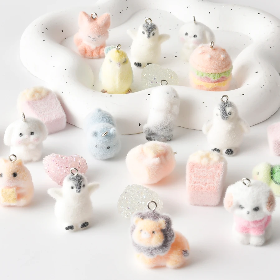 4/6Pcs Trendy 3D Flocking Animal Lion Parrot Charms Making Material Mix Cute Rabbit Koala Dog Cow Penguin Pendant Jewelry Bulk