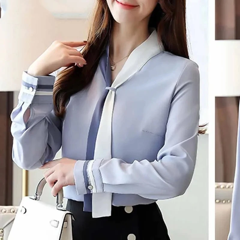 Autumn Office Shirt Vintage Long Sleeve Chiffon Blouses Casual Solid Loose Tops Elegant V-Neck Women Clothing Blusas Mujer 7188