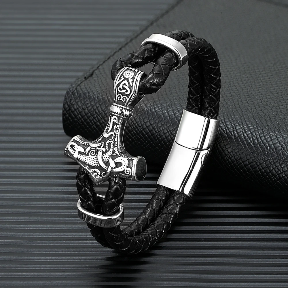 MKENDN Punk Men Vikings Style Genuine Leather Bracelet Braided Multilayer Stainless Steel Norse Thor\'s Hammer Mjolnir Bangles