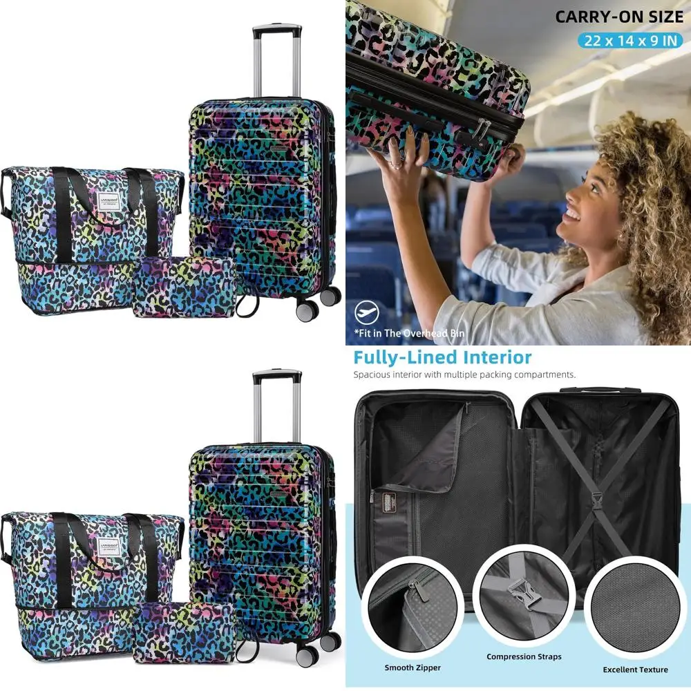 

Набор чемоданов из 3 предметов из твердой лаванды с вращающимися колесами, замком TSA, легким чемоданом для ручной клади для мужчин и женщин, леопардовым мульт.