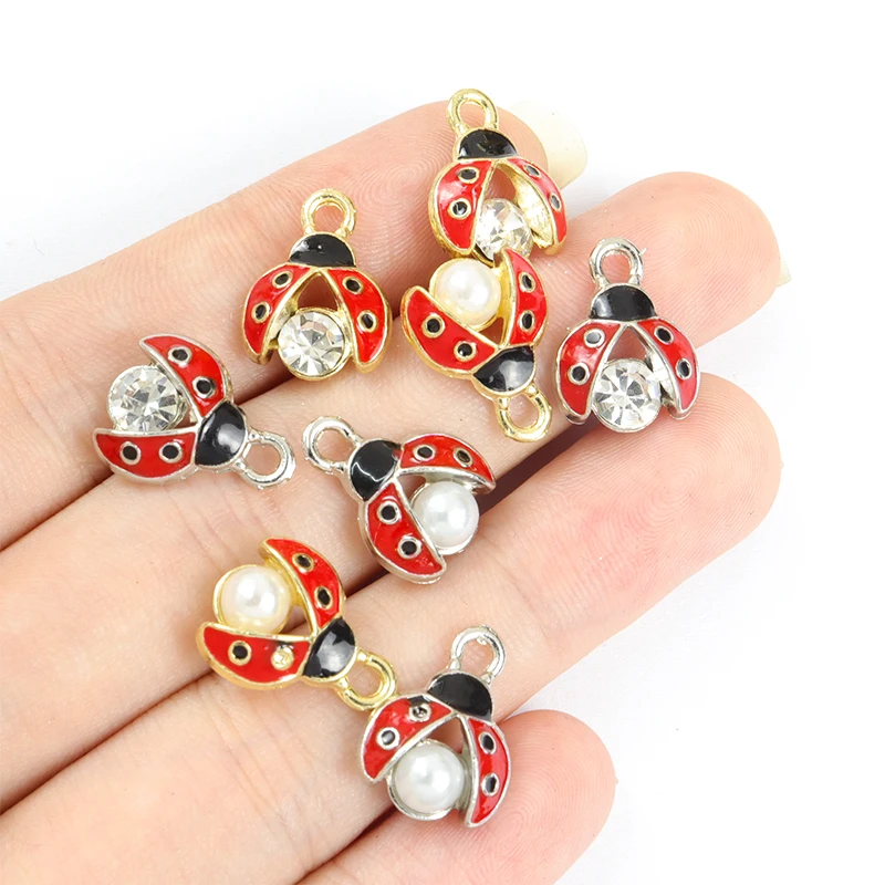 10pcs Ladybug Enamel Charms Inlaid Crystal Pearls Insect Pendants Interesting DIY Necklace Earrings Keychain Jewelry Accessories