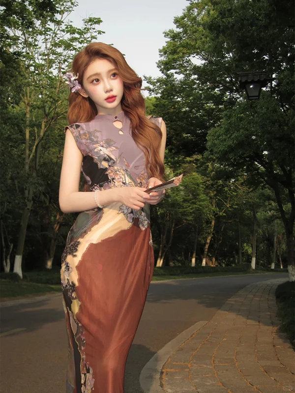 

Ele Purple Ombre Stand Collar Waist-Cinched New Improved Version Retro Sle Long Dr Floral Pattern Breathable