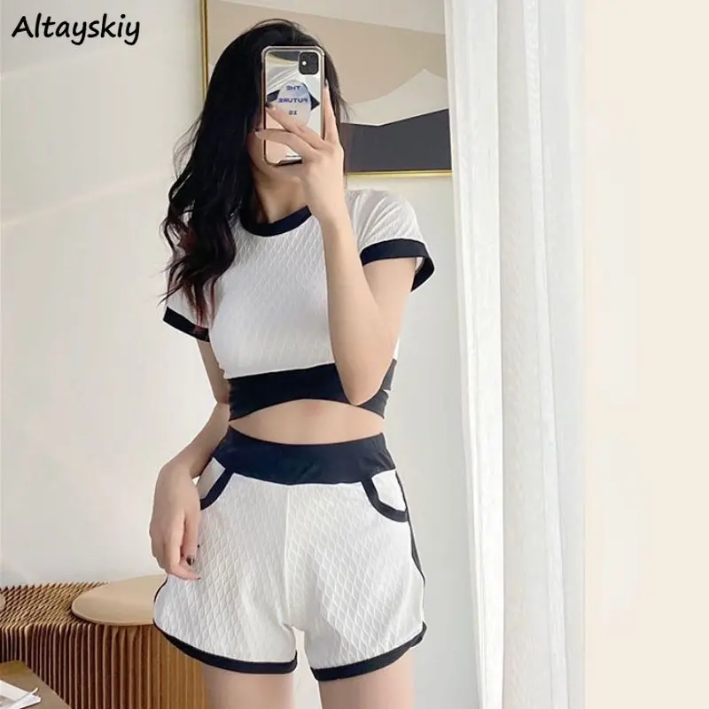 Bikinis Set Women Sporty Beach Style Korean Vacation Bathing Conservative Panelled Lace-up Fashion Ulzzang College Temperament