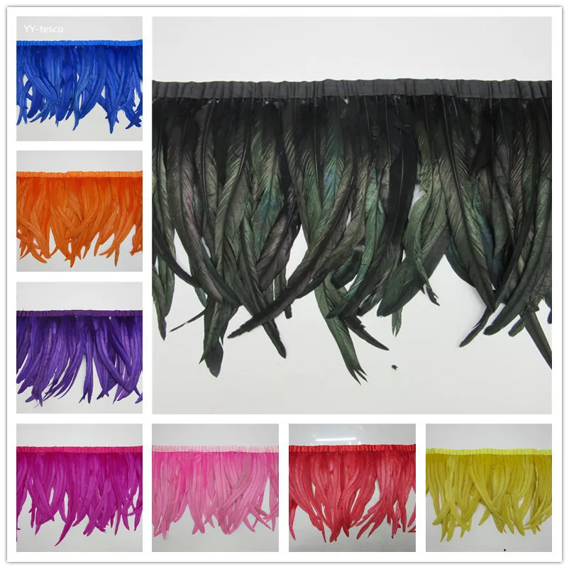 

hot sale 10 yards dyeing high quality real rooster feather fringe trims Height 30-35"Feathers for wedding party dress Decoration