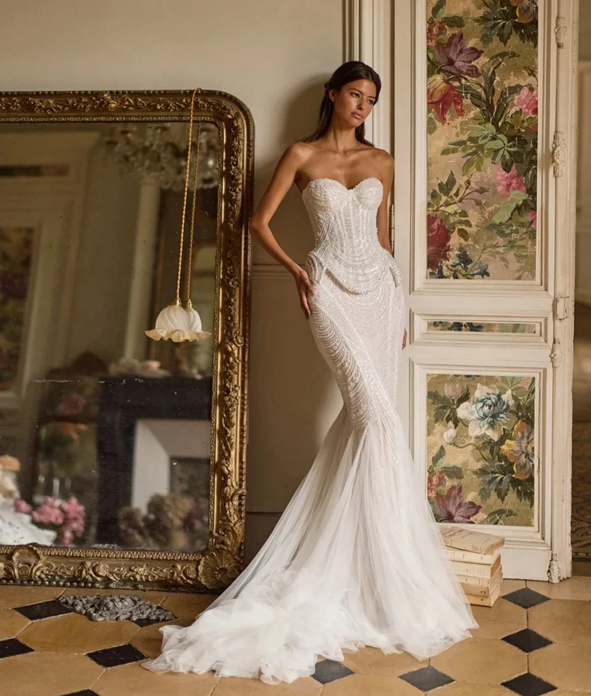 

MCDV Customized Temperament Tulle Mermaid Sequined Beading Evening Dress High Quality Sweetheart Sleeveless Women Wedding Gowns