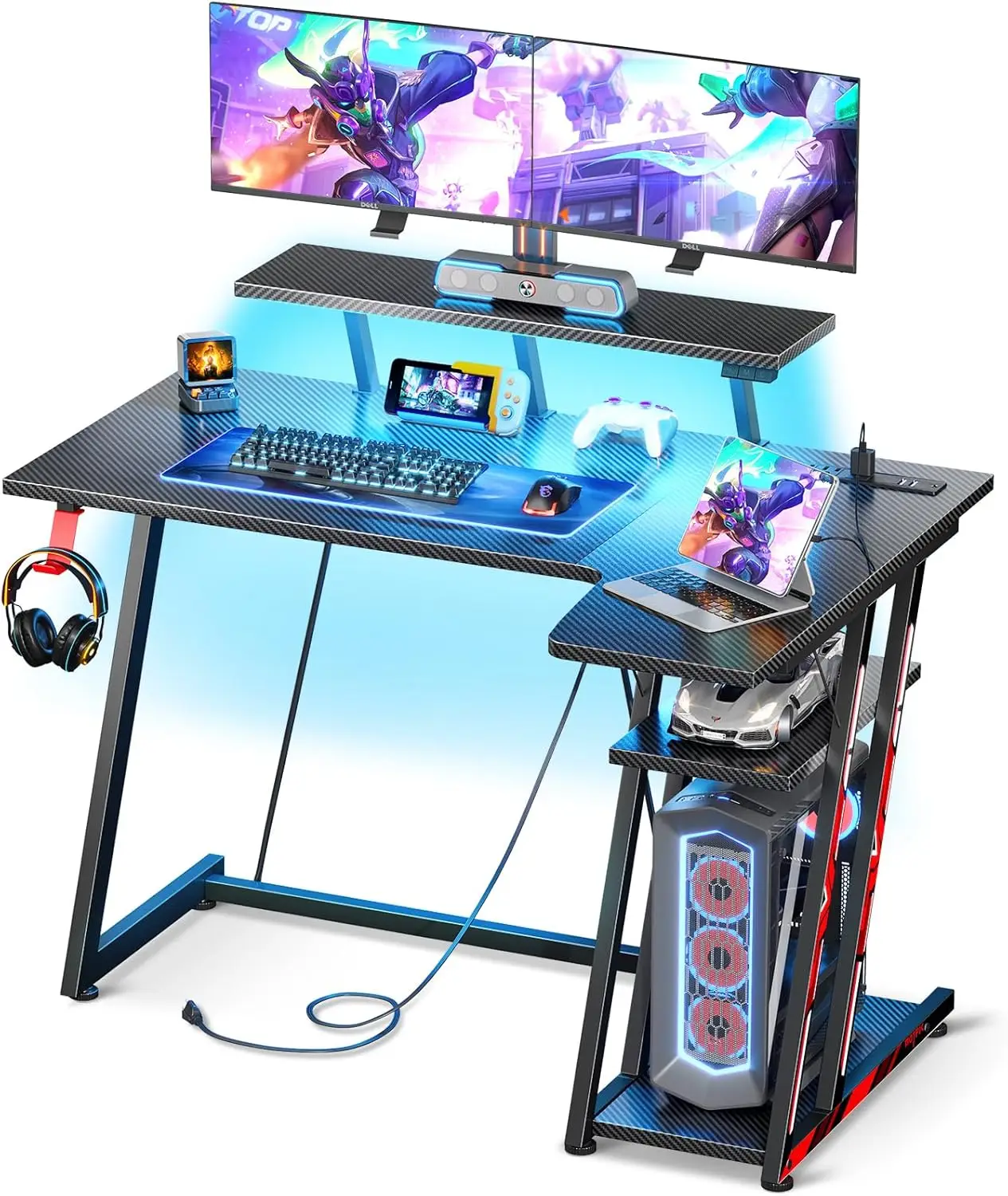 Small Gaming Desk with LED Lights & Power Outlets