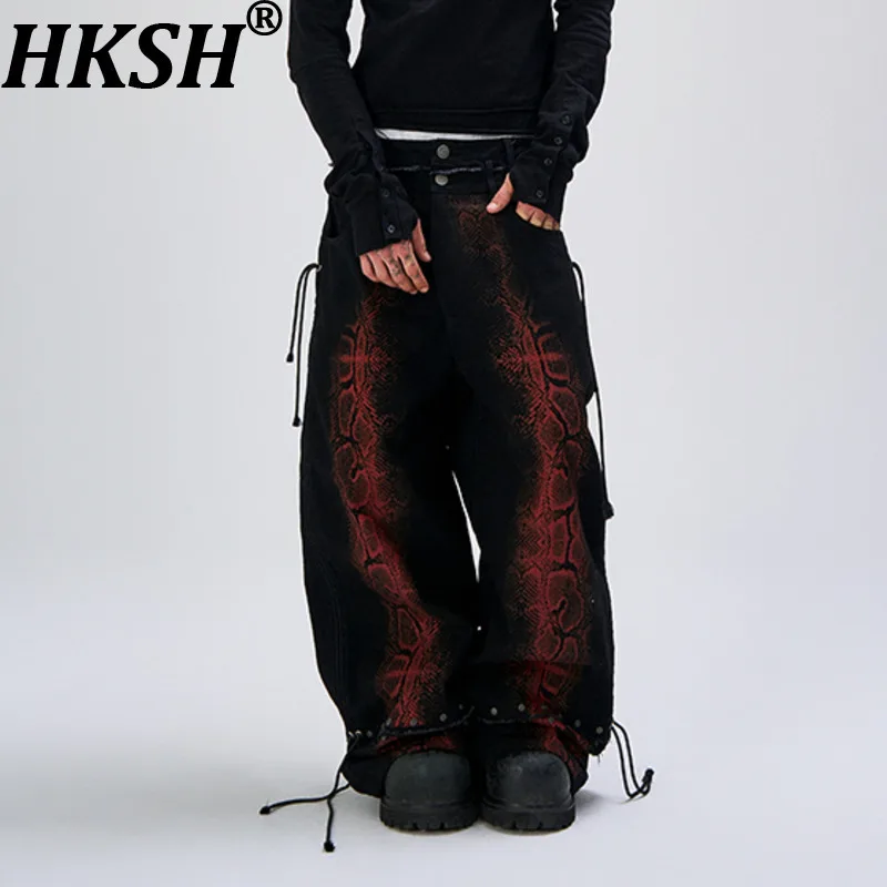 

HKSH Autumn New High-End Snake Print Retro Washed Jeans Loose Fit Dark Punk Denim Pants Man Waste Land Wide Leg Chic Ins HK11304