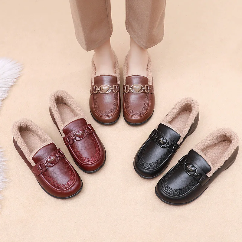 Lady‘s Casual Fashion Thicken Flat Shoes Lightweight Soft Comfortable Shoes Solid Warm Plugging Non-slip Shoes for Winter