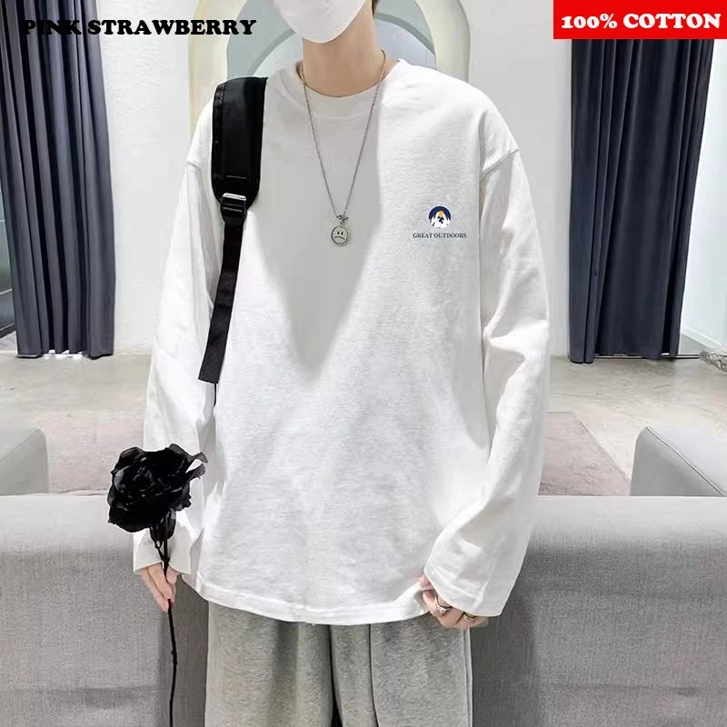 100% Cotton Long sleeved T-shirt Men Autumn 2025 New American Loose Casual O-neck Black Sports Gym T-shirt Top Y2k Male clothing