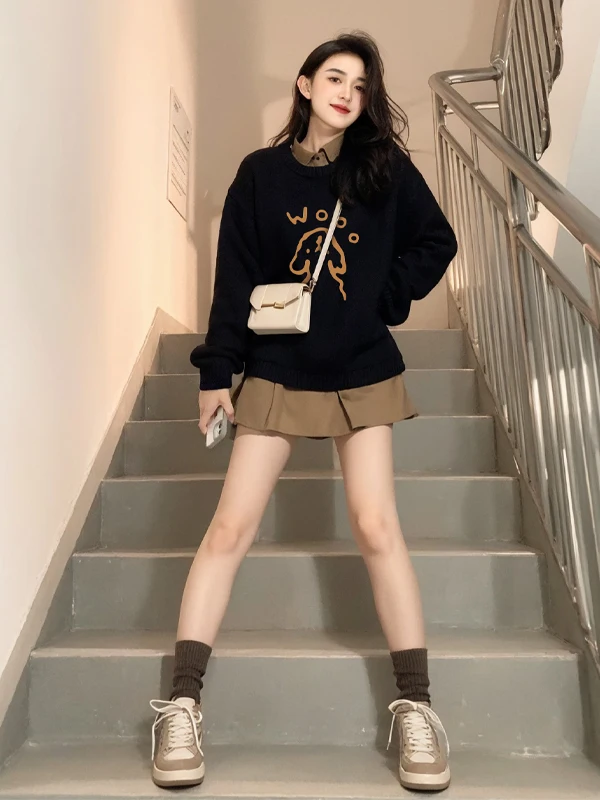 

Loose Fit round Ne Sweatirt Women's Early Autumn Korean Sle Thiened Fce Long Sve Long Hoodie Bla
