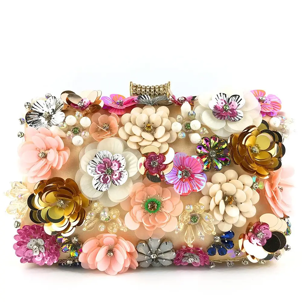 

Floral Evening Dinner Handbag Beaded Flower Clutch Bag Metal Chain Crossbody Bag Banquet Handbag Wedding Prom Purse Dropship