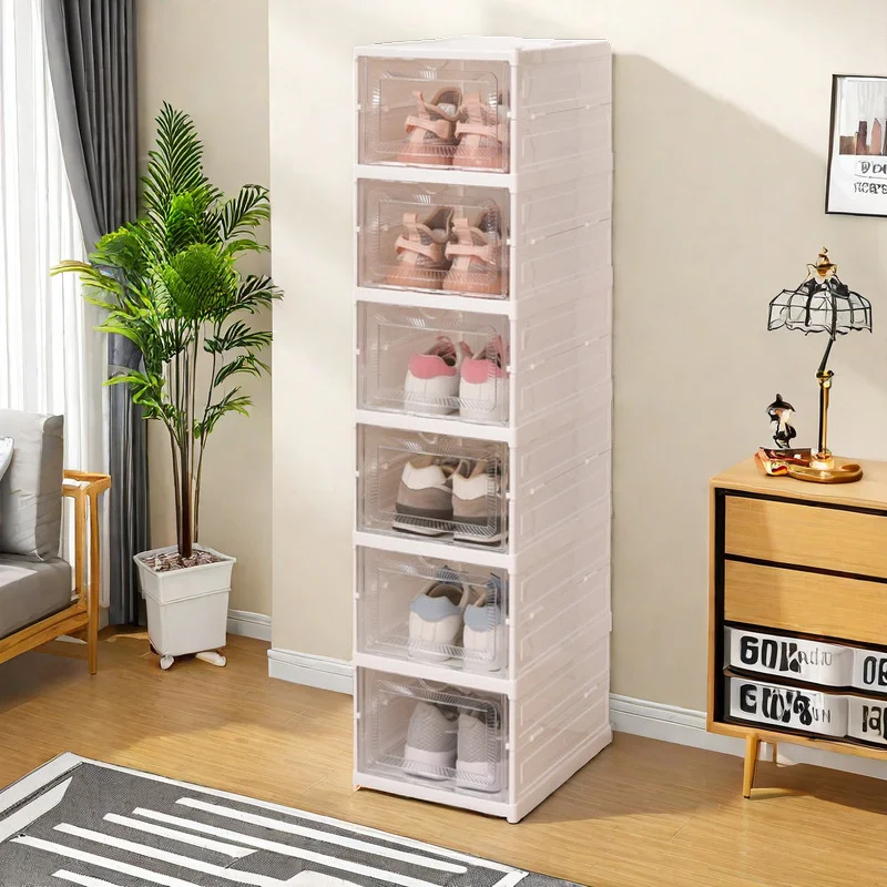 6-Tier Foldable Shoe Storage Box - Thickened PP Plastic with Clear Lid (1 Count)
