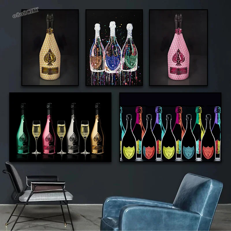 Fashion Luxury Champagne Bottle Art Canvas Painting Prints Poster Wall Art Printing Picture Luxurious Bar Home Dining Room Decor