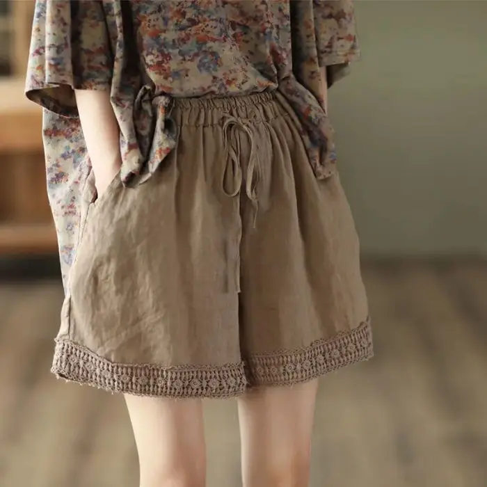 Women Summer Simplicity Loose Large Size Cotton and Linen Solid Color Quarter Shorts Ladies Casual All-match Hollow Out Shorts