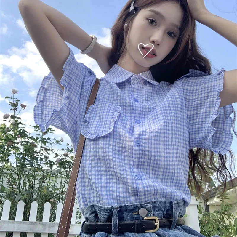 Fanan Koreanische Rüschen Kurzarm Kariertes Hemd Frauen Preppy Süße Drehen Unten Kragen Bluse Frau Sommer Tasche Button Up Shirts