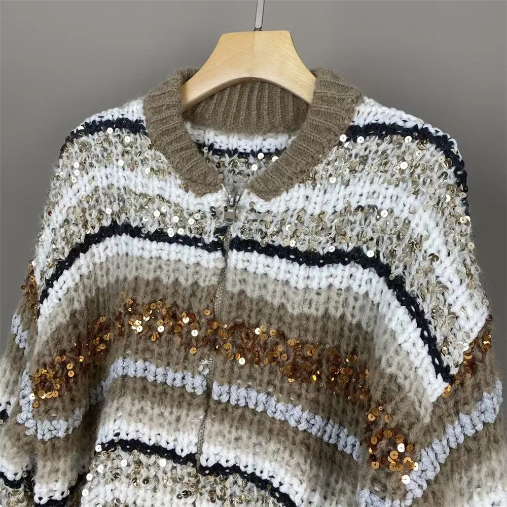 2025 New Women's Heavy Sequined Cardigan Elegant Drop Shoulder Loose Knitted Jacket