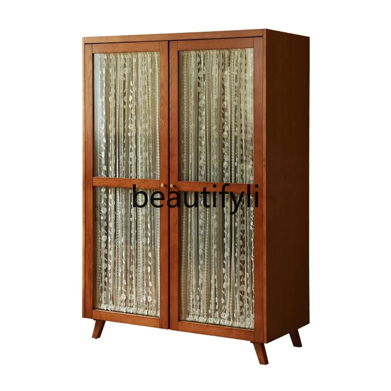 

French retro cabinet solid wood wardrobe double door gauze curtain glass cabinet sleeping storage large wardrobe combination