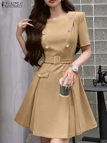 ZANZEA 여성 Sundress Office 레이디 짧은 소매 RobeSolid 컬러 드레스 캐주얼 루즈 버튼 2025 Sashes 통근 미니 드레스