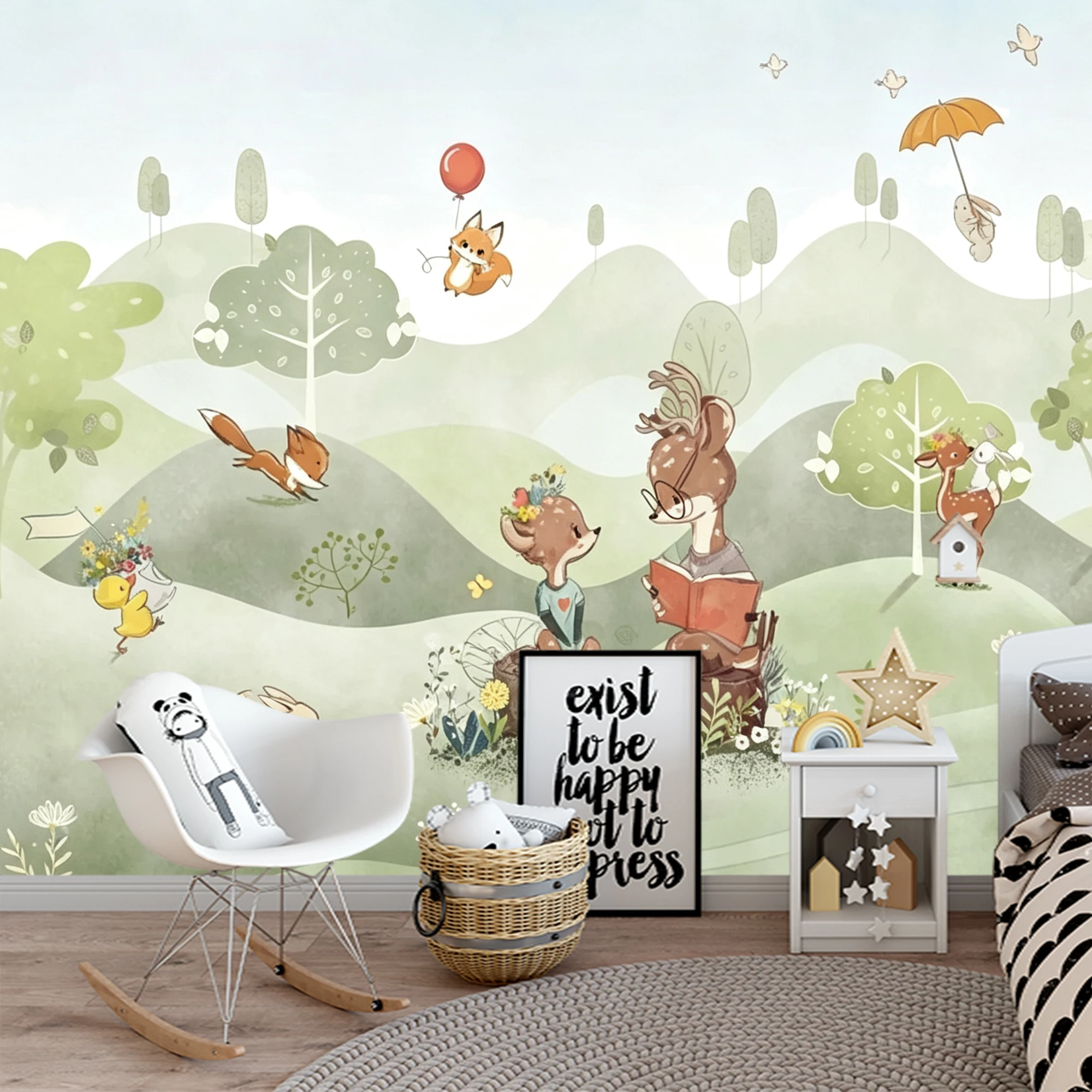 Custom Mural Wallpaper Kids Woodland Forest Peel And Stick Wall Deer Fox Rabbit Cartoon Animal For Nursery Bedroom Home Decor